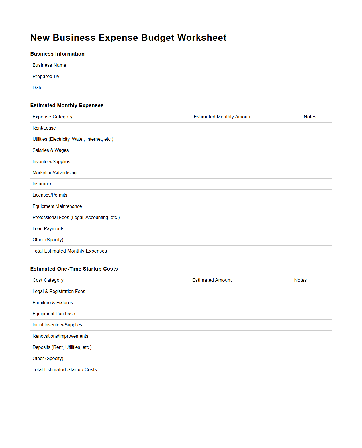 New Business Expense Budget Worksheet