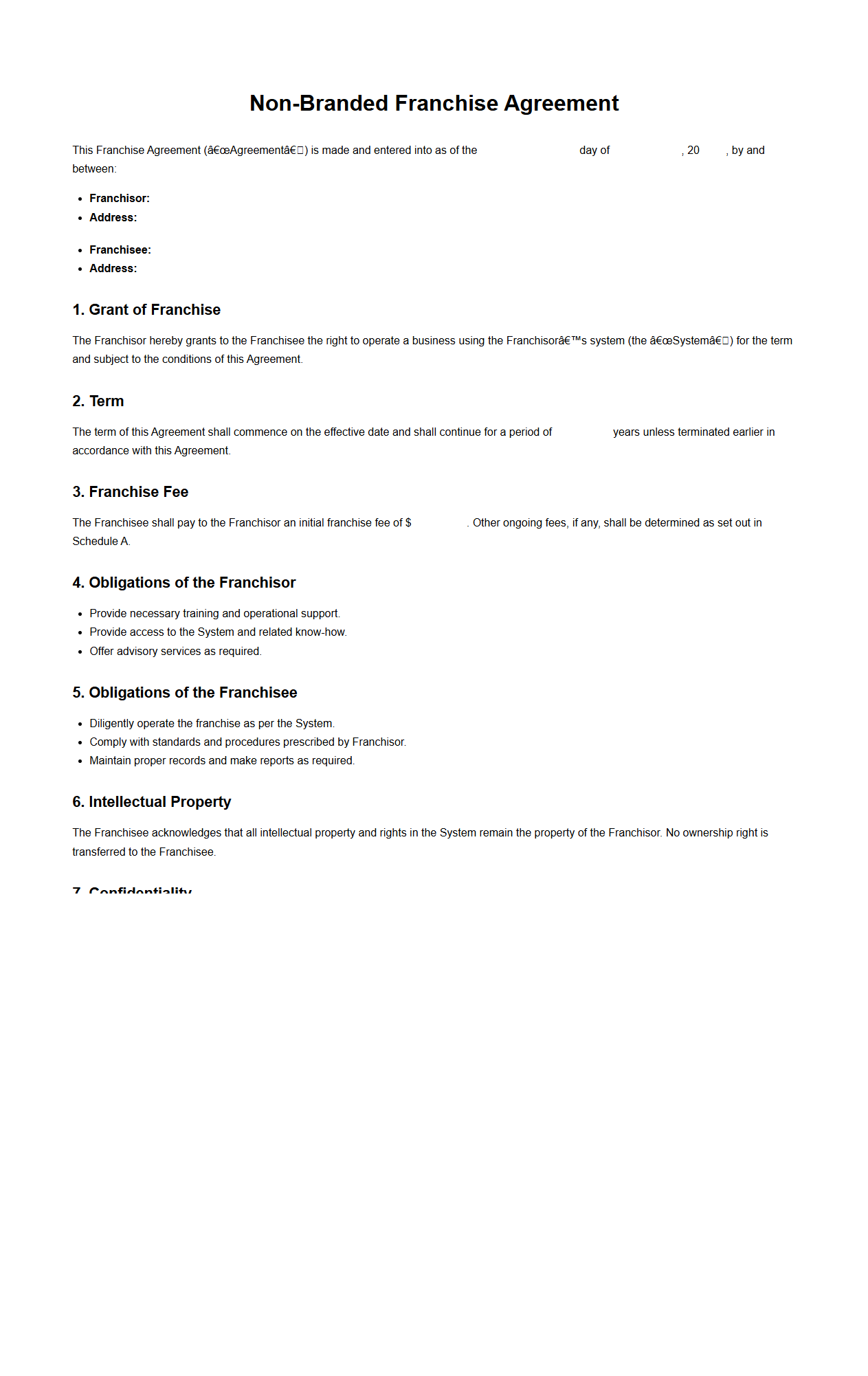 Non-Branded Franchise Agreement Skeleton for Customization