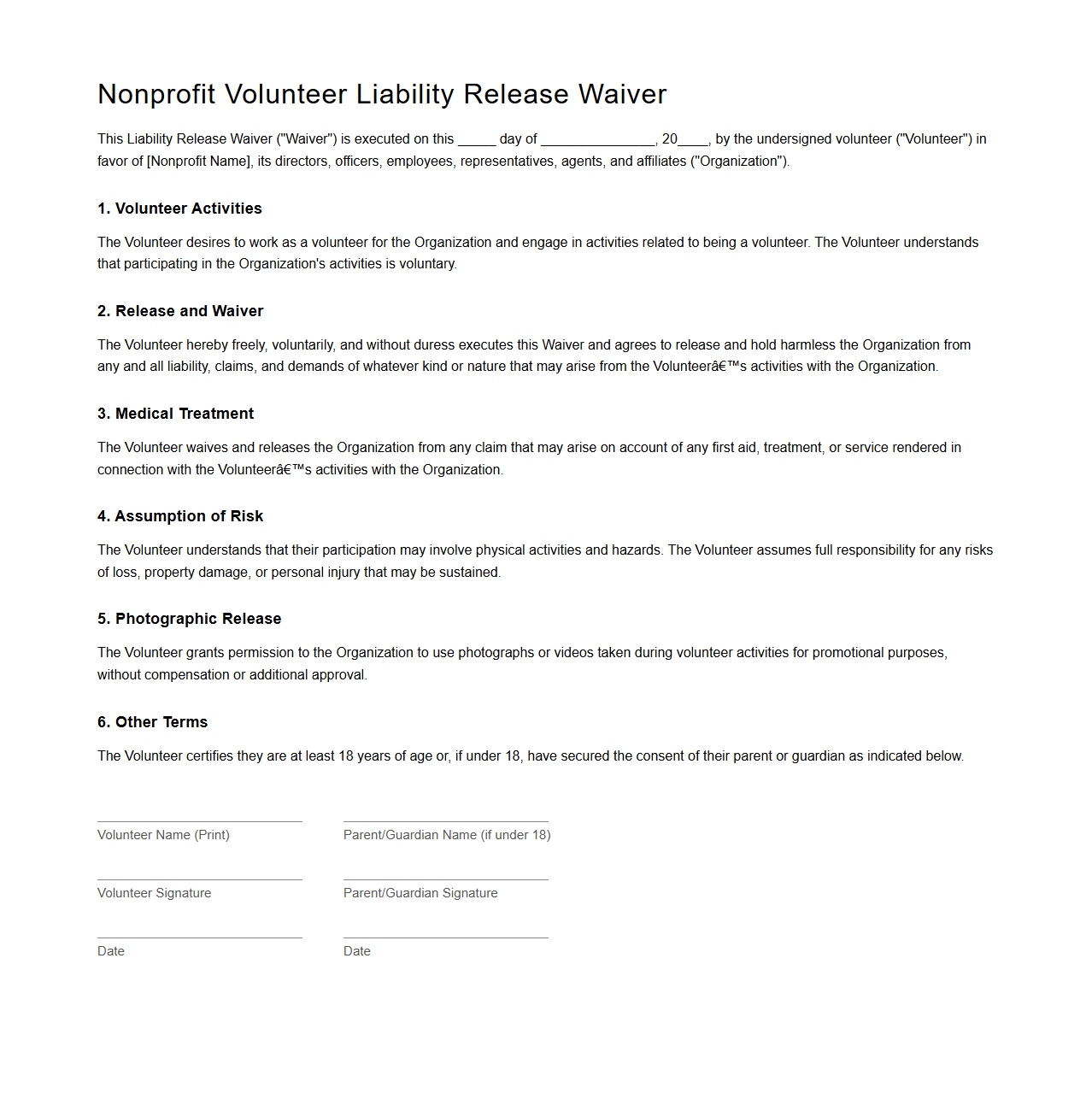 Nonprofit Volunteer Liability Release Waiver