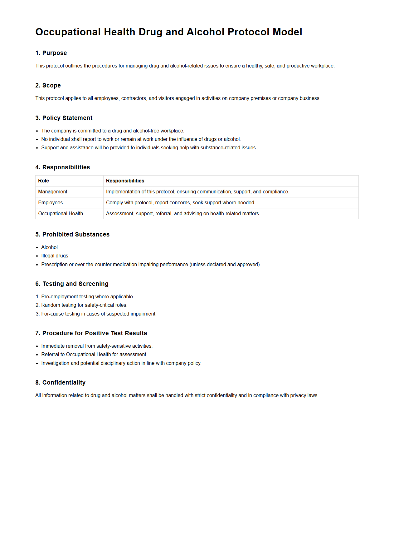 Occupational Health Drug and Alcohol Protocol Model