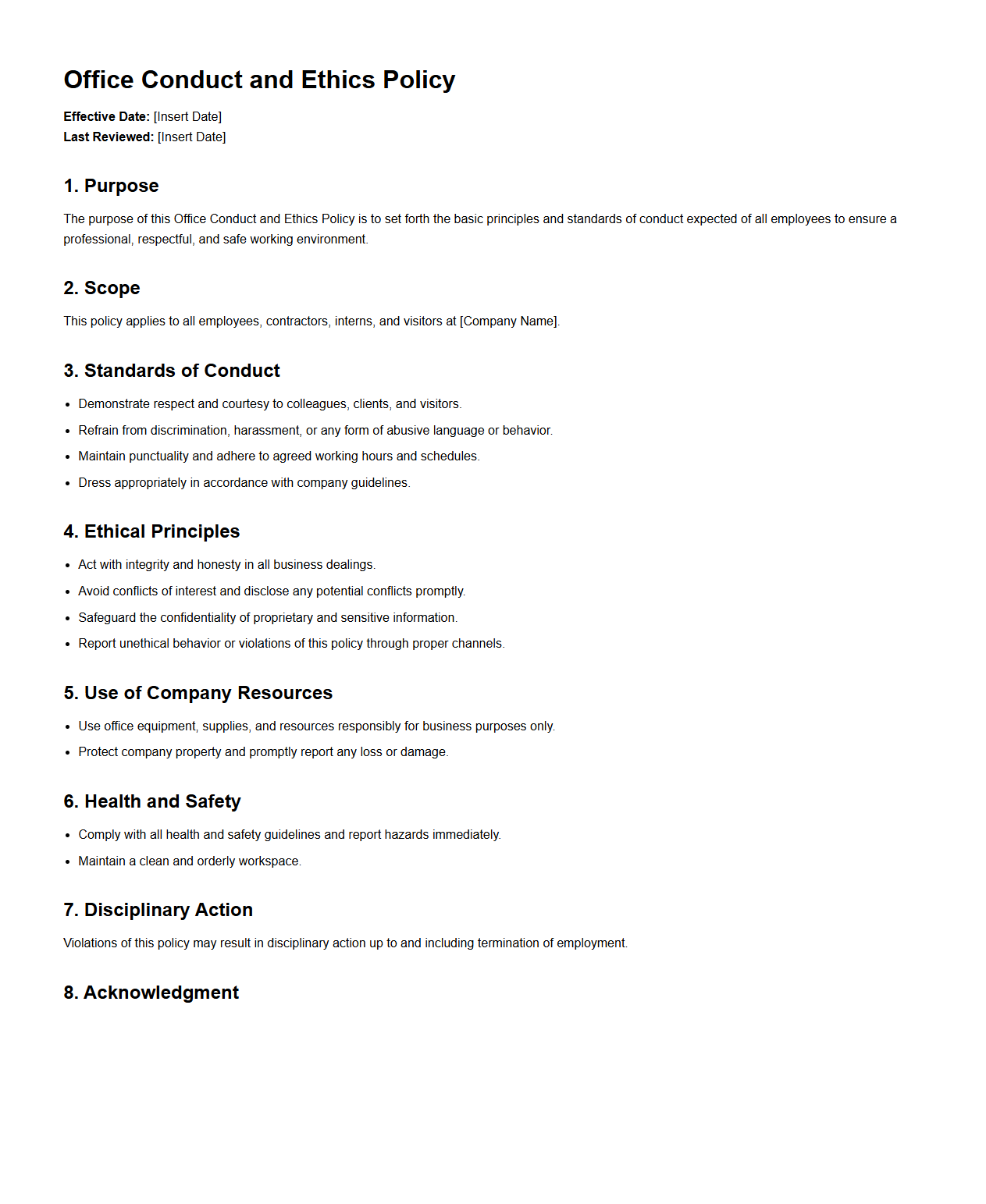 Office Conduct and Ethics Policy Example