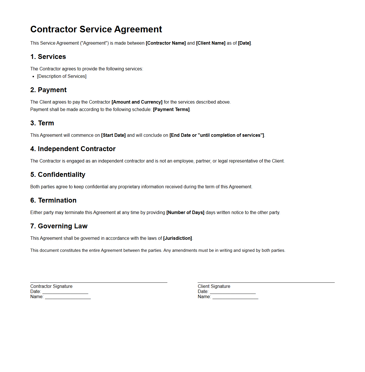 One-Page Contractor Service Agreement Template