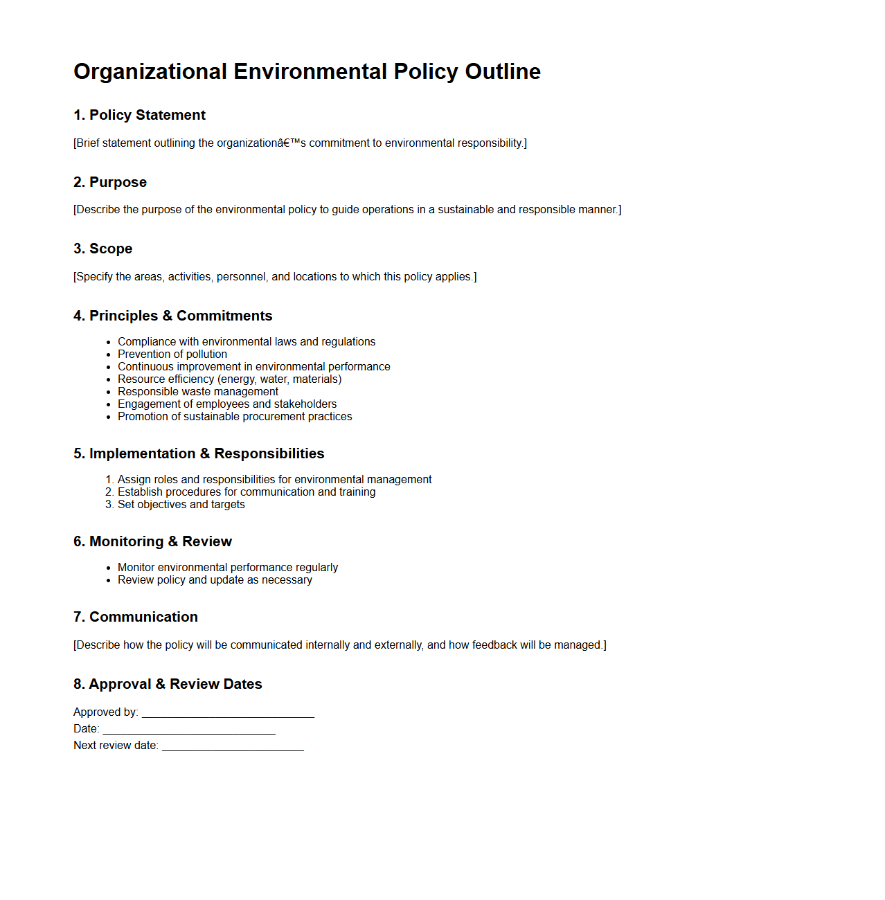 Organizational Environmental Policy Outline Template