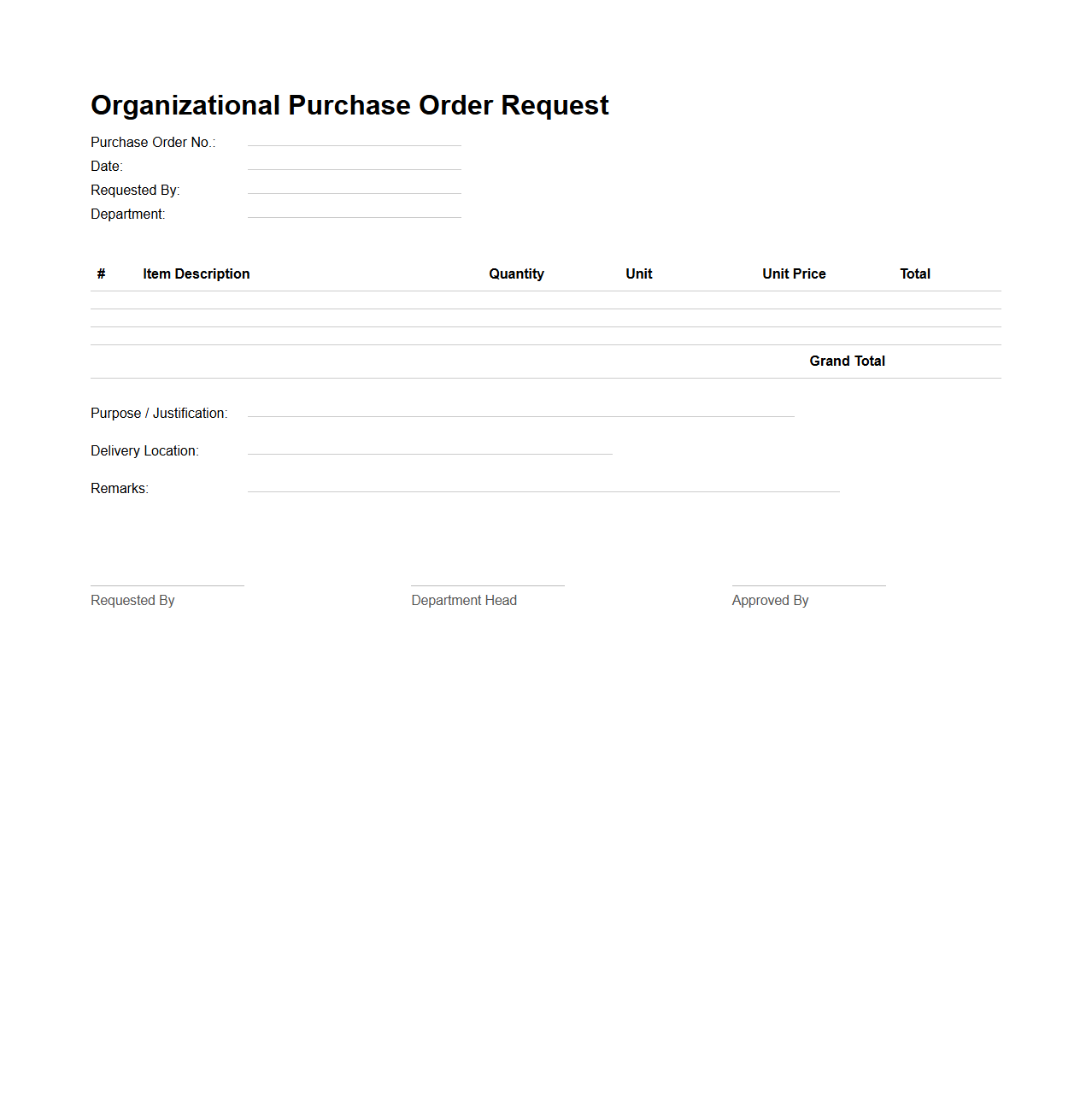 Organizational Purchase Order Request Document