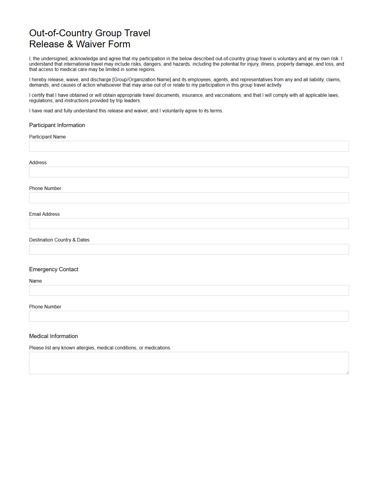 Out-of-Country Group Travel Release Waiver