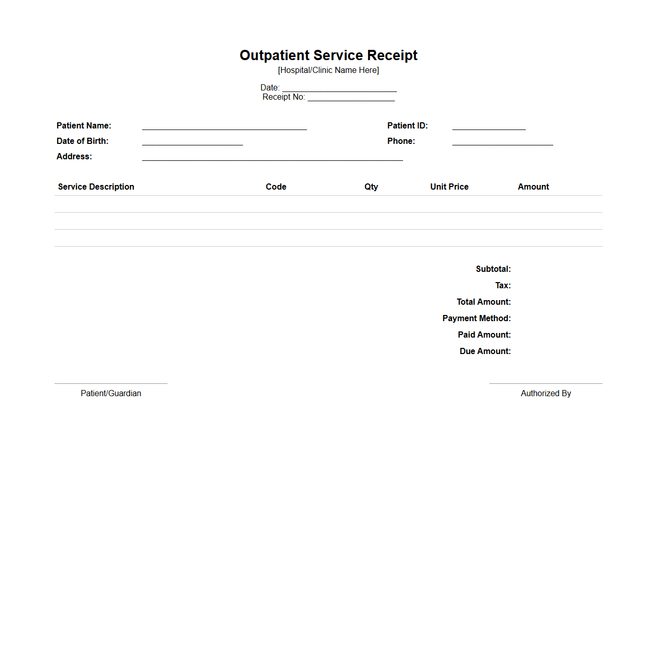 Outpatient Service Receipt Template