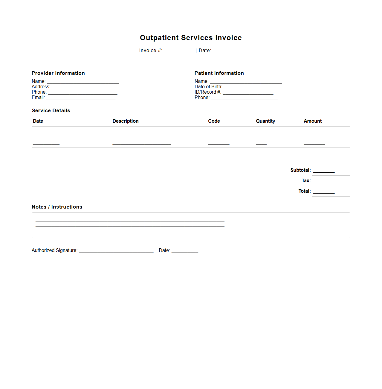 Outpatient Services Invoice Template