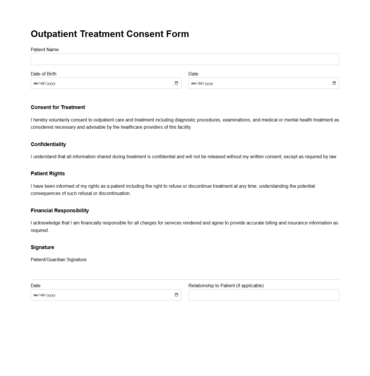 Outpatient Treatment Consent Form Template