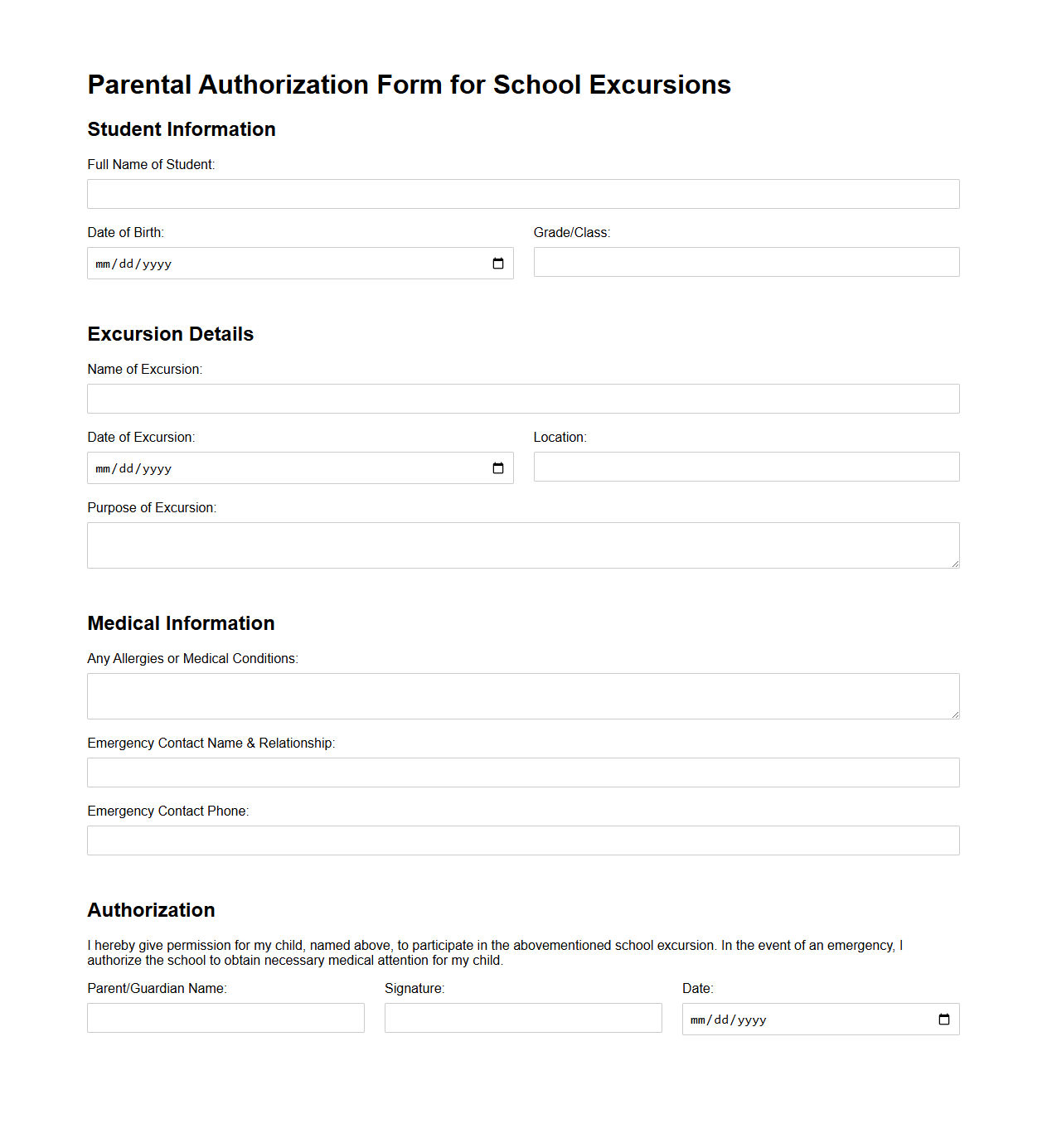 Parental Authorization Form for School Excursions