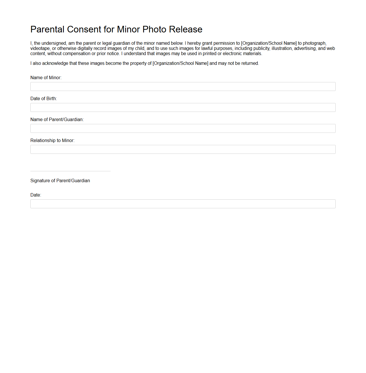 Parental Consent for Minor Photo Release