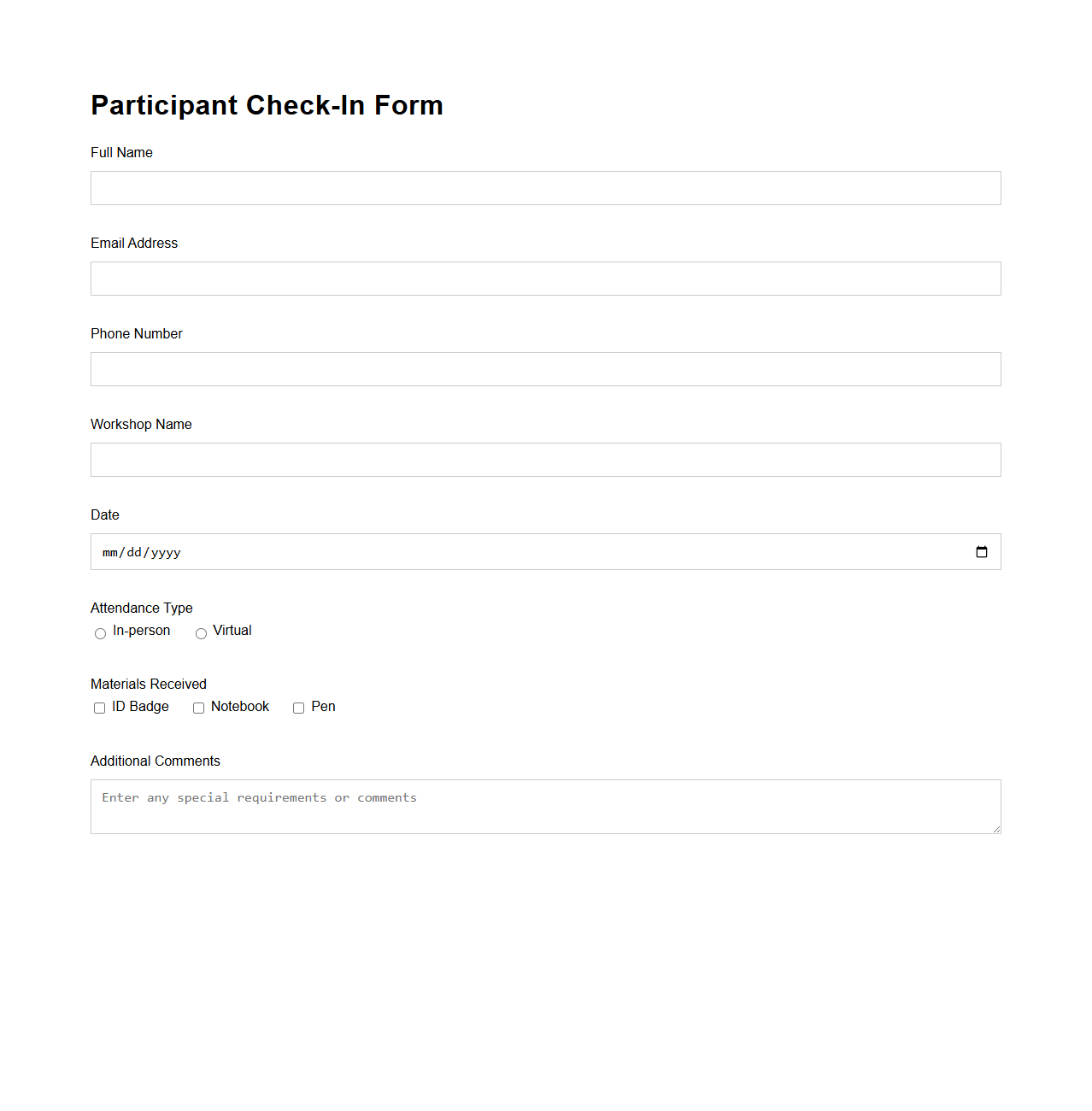 Participant Check-In Form for Workshops