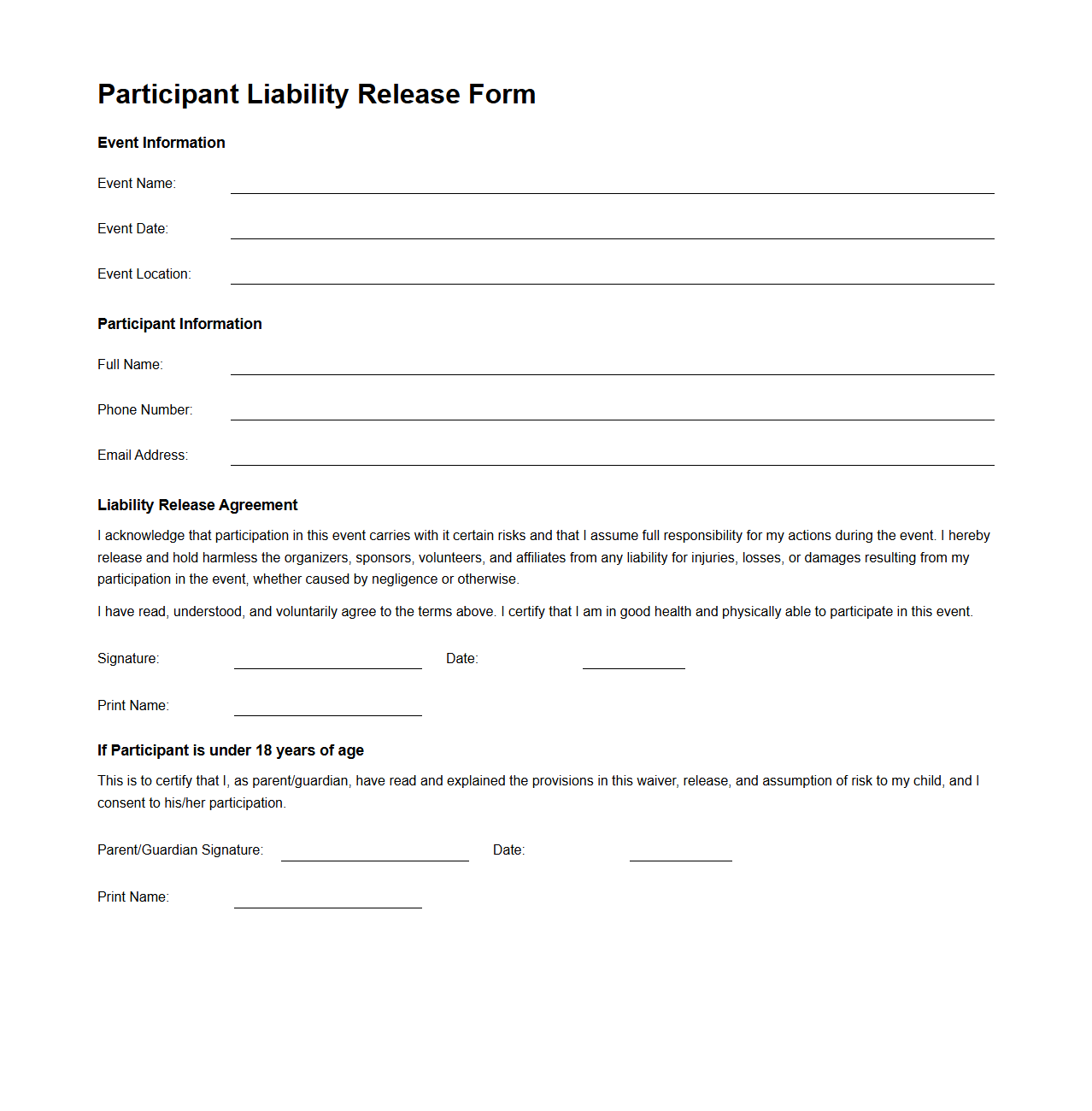 Participant Liability Release Form for Events