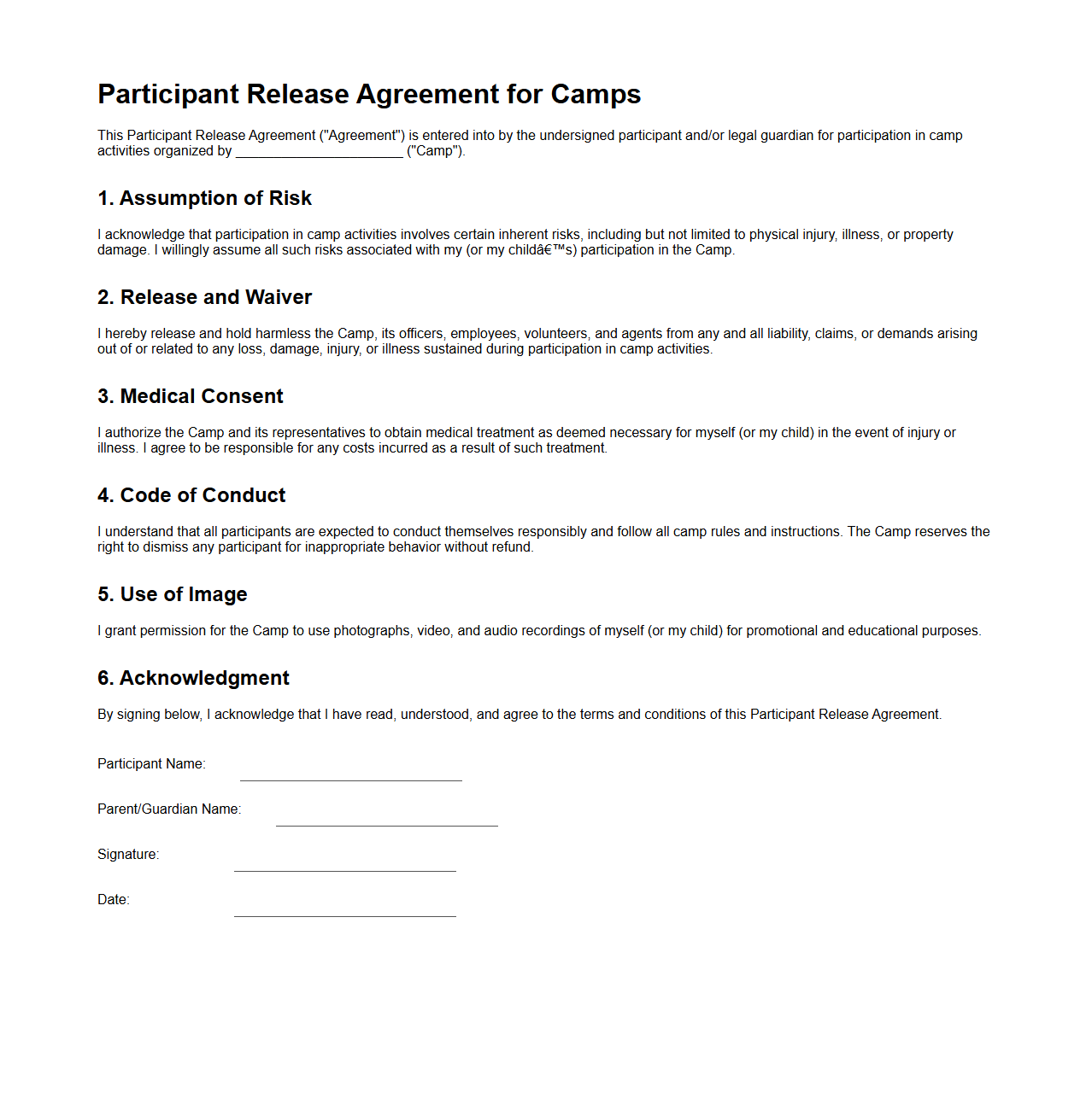 Participant Release Agreement for Camps