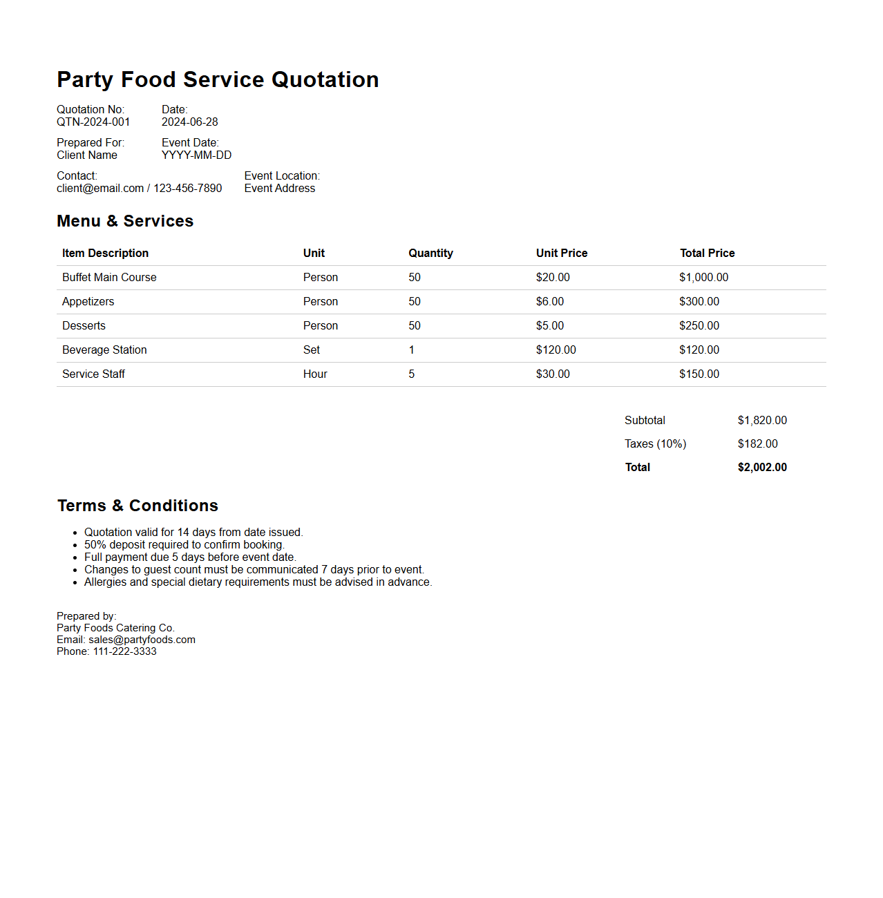 Party Food Service Quotation Sample