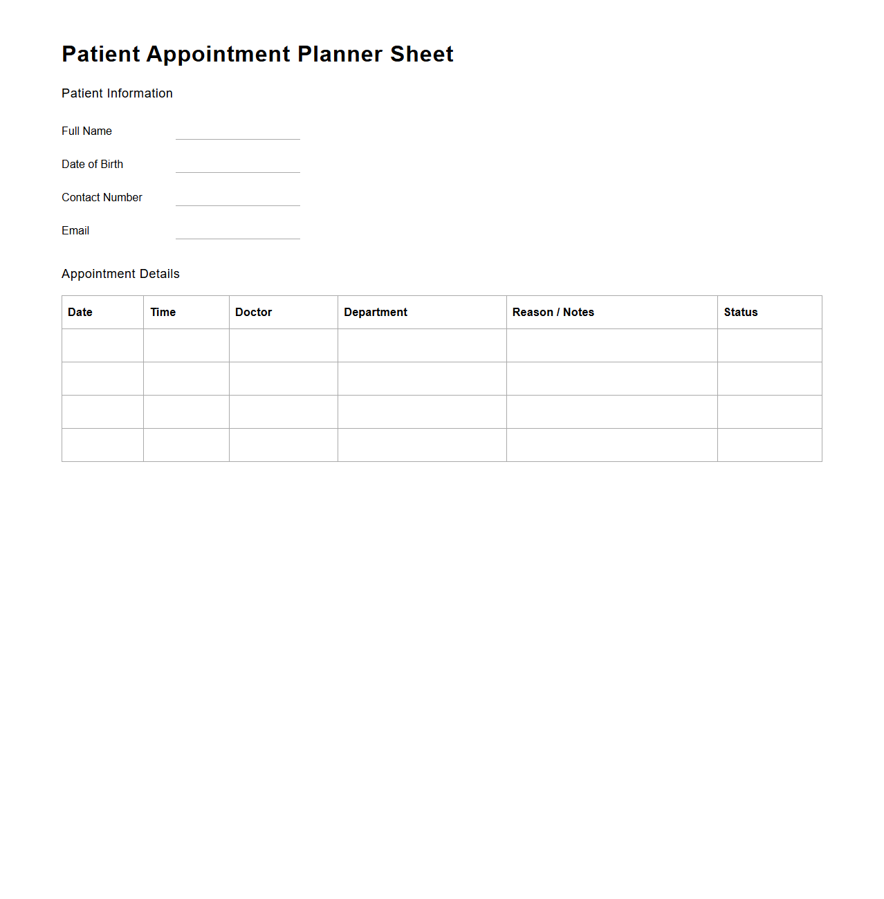 Patient Appointment Planner Sheet