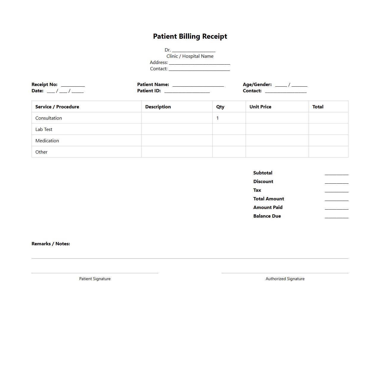 Patient Billing Receipt Format for Doctors