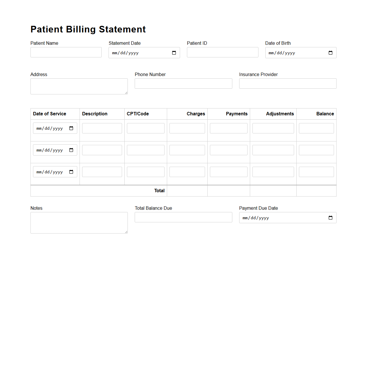 Patient Billing Statement Form
