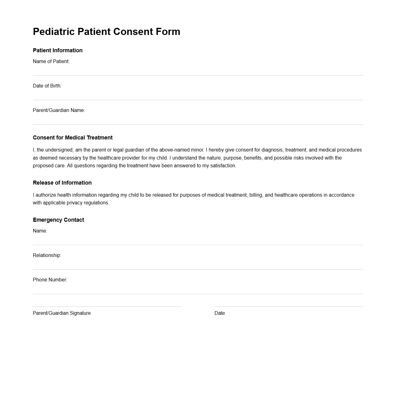 Pediatric Patient Consent Template