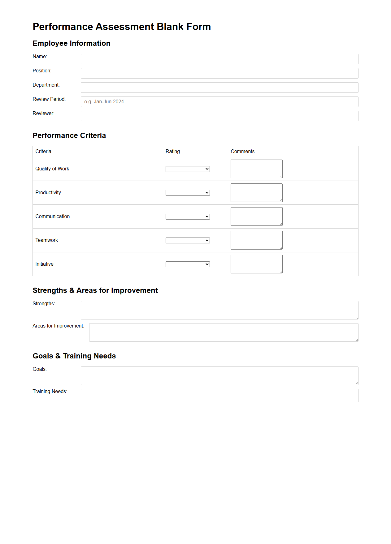 Performance Assessment Blank Form Template