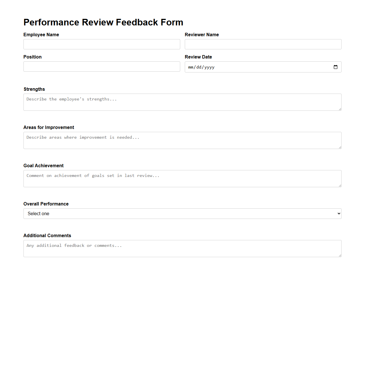 Performance Review Blank Feedback Form Template