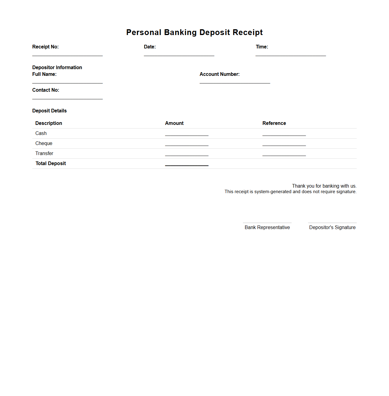 Personal Banking Deposit Receipt