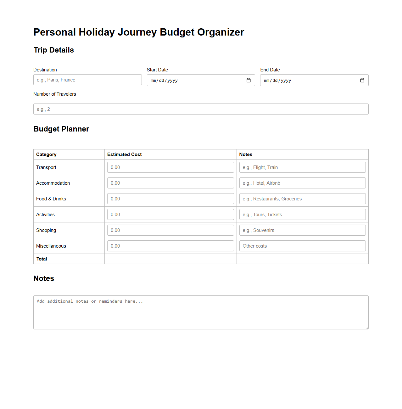 Personal Holiday Journey Budget Organizer
