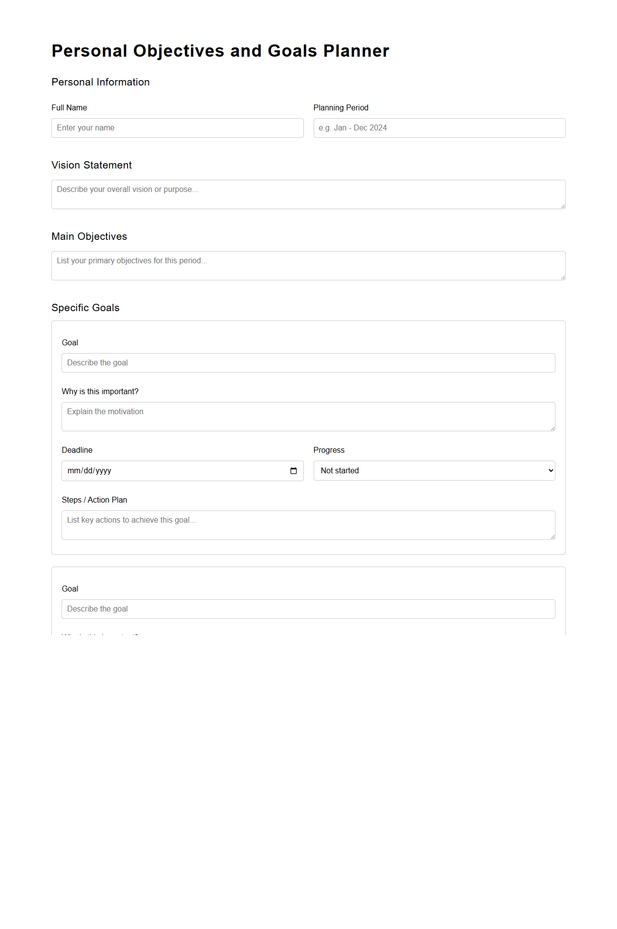 Personal Objectives and Goals Planner