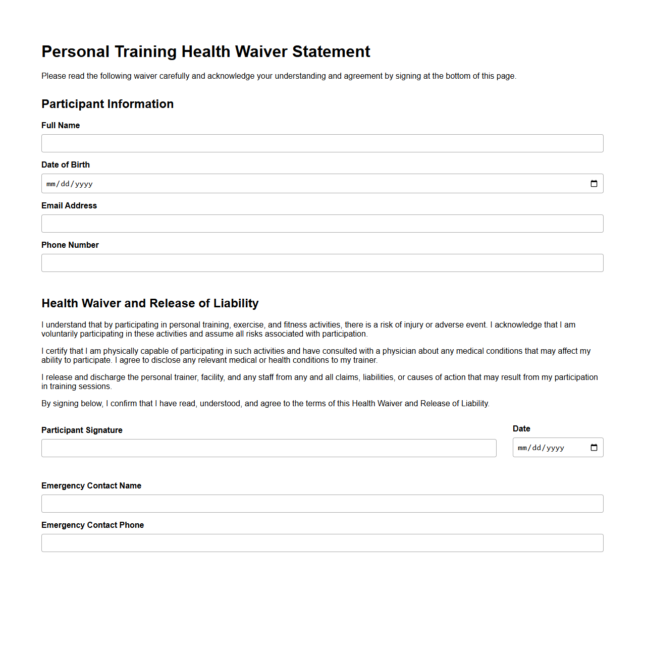 Personal Training Health Waiver Statement