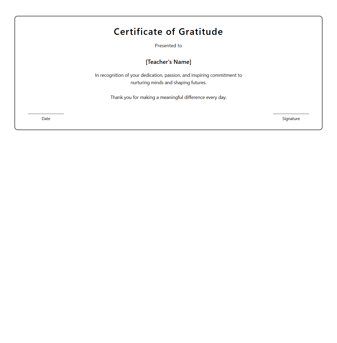 Personalized Teacher Gratitude Certificate Template