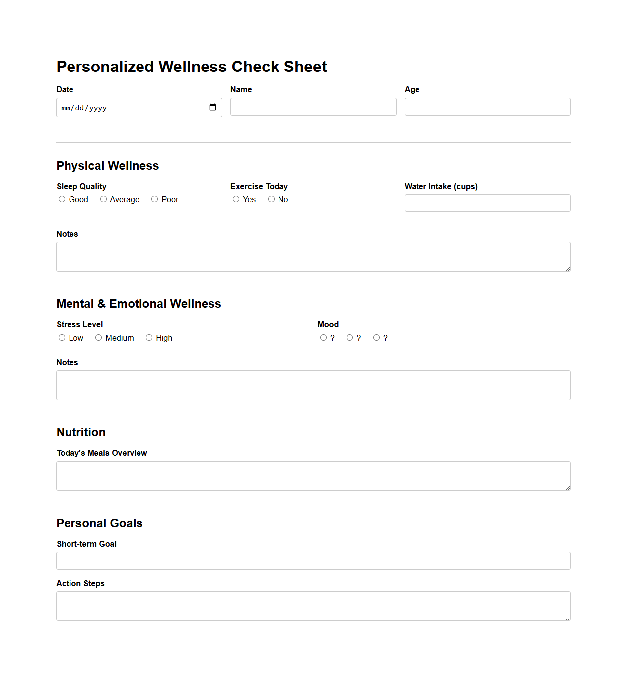 Personalized Wellness Check Sheet