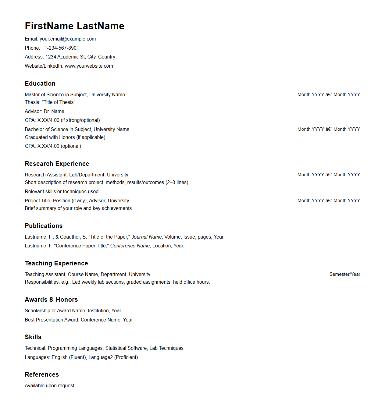 PhD Application Academic Resume Template