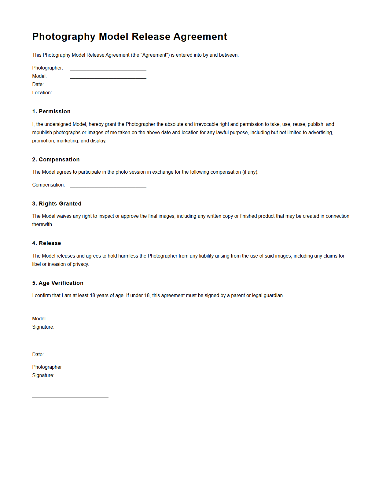 Photography Model Release Agreement Template