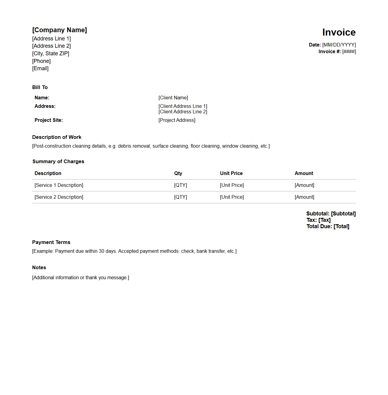 Post-Construction Cleaning Invoice Template
