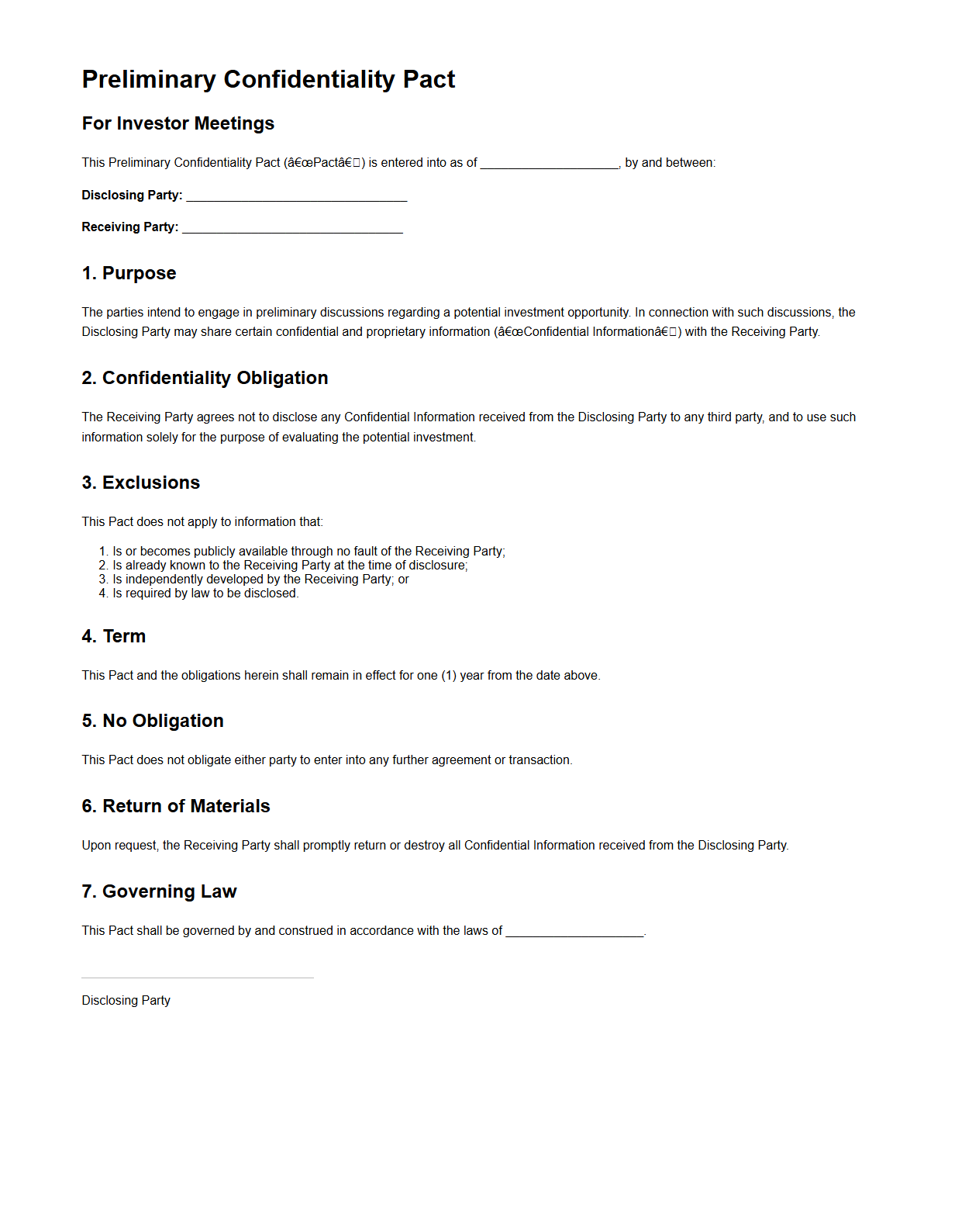 Preliminary Confidentiality Pact for Investor Meetings