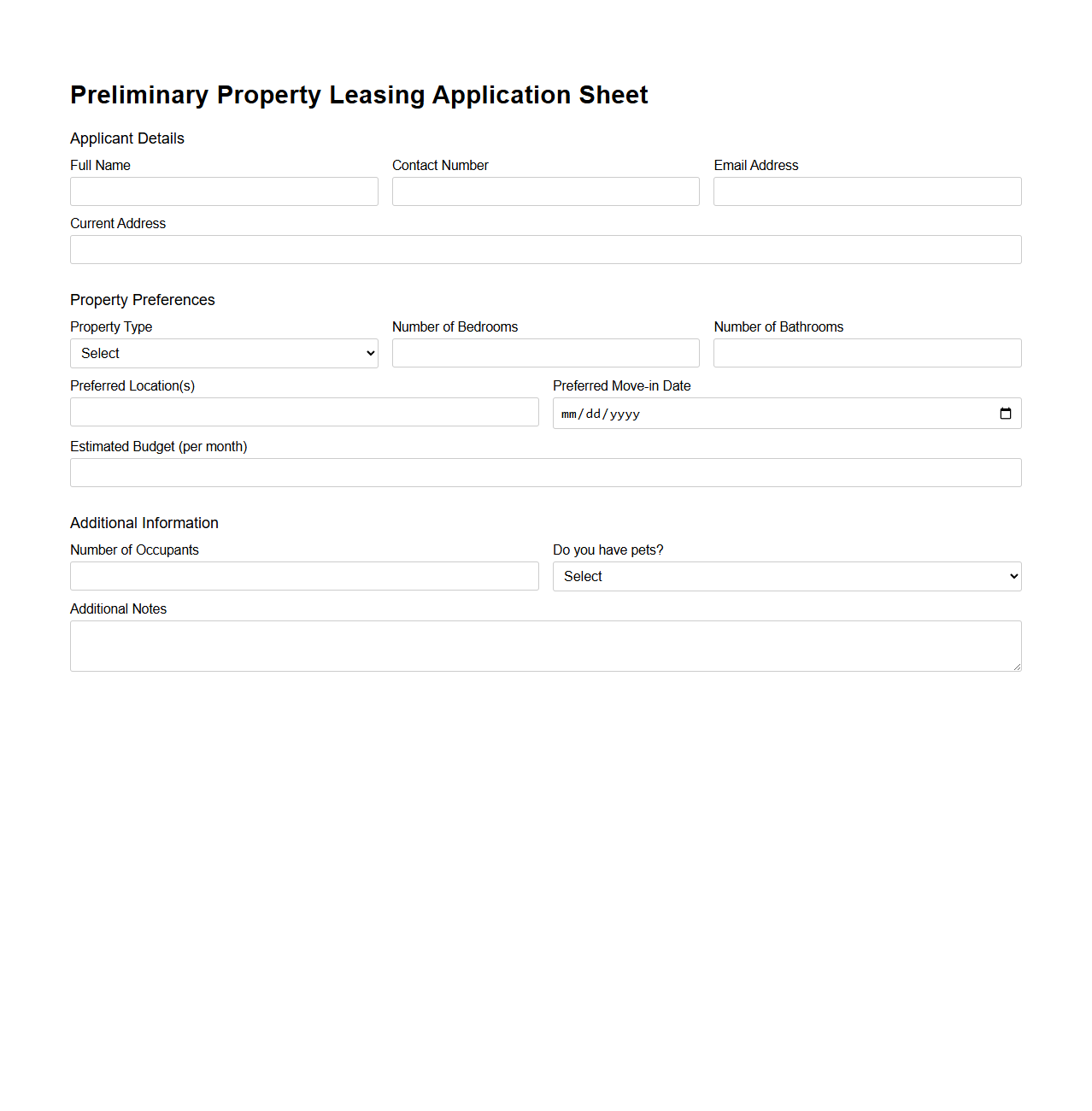 Preliminary Property Leasing Application Sheet