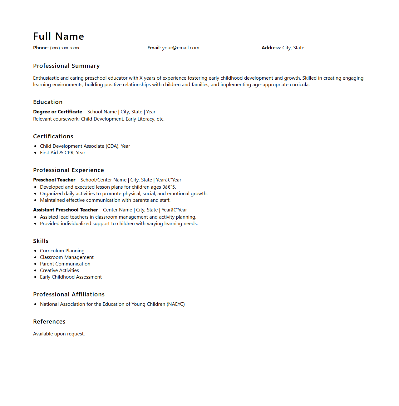 Preschool Educator Resume Framework