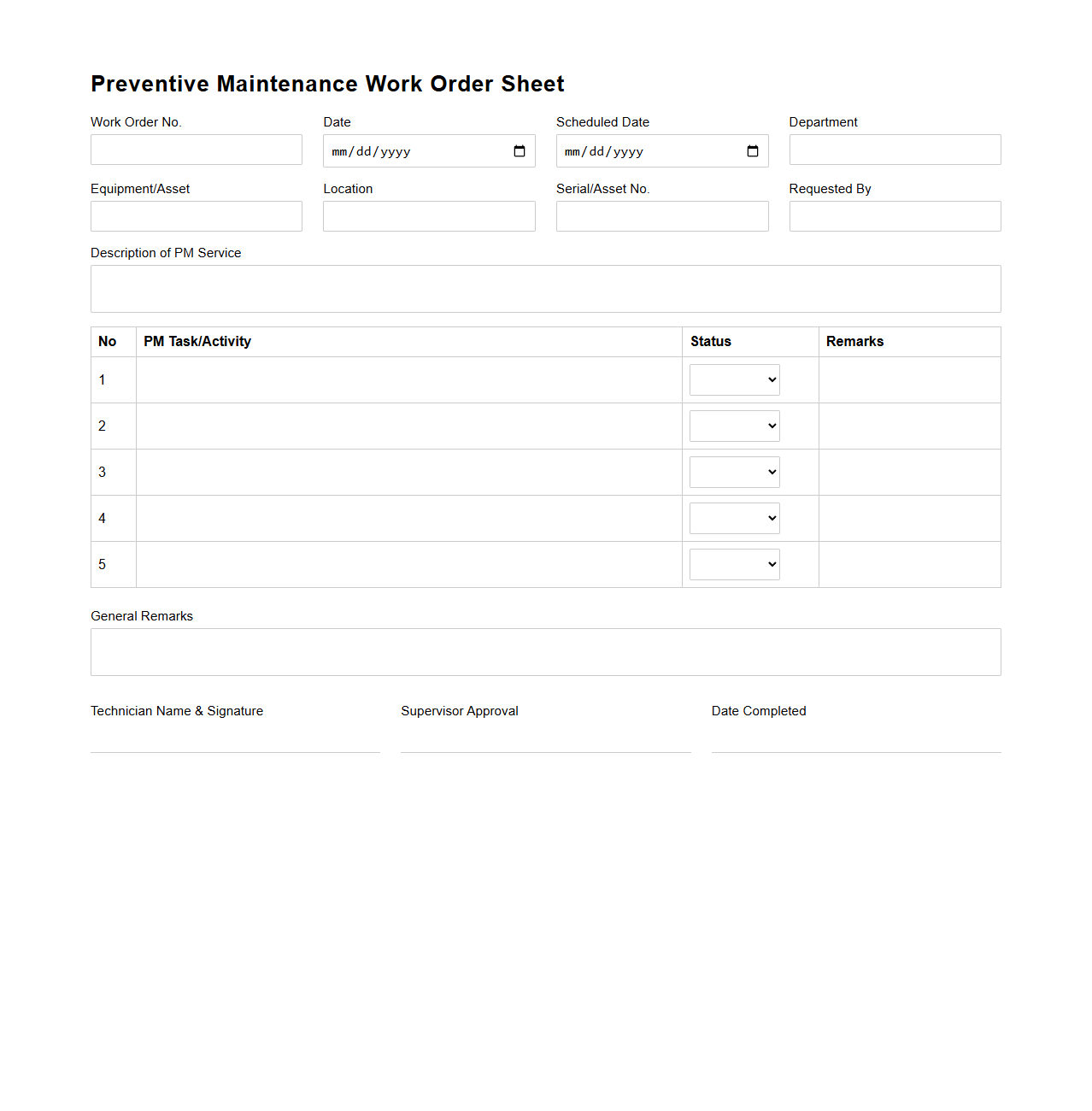 Preventive Maintenance Work Order Sheet