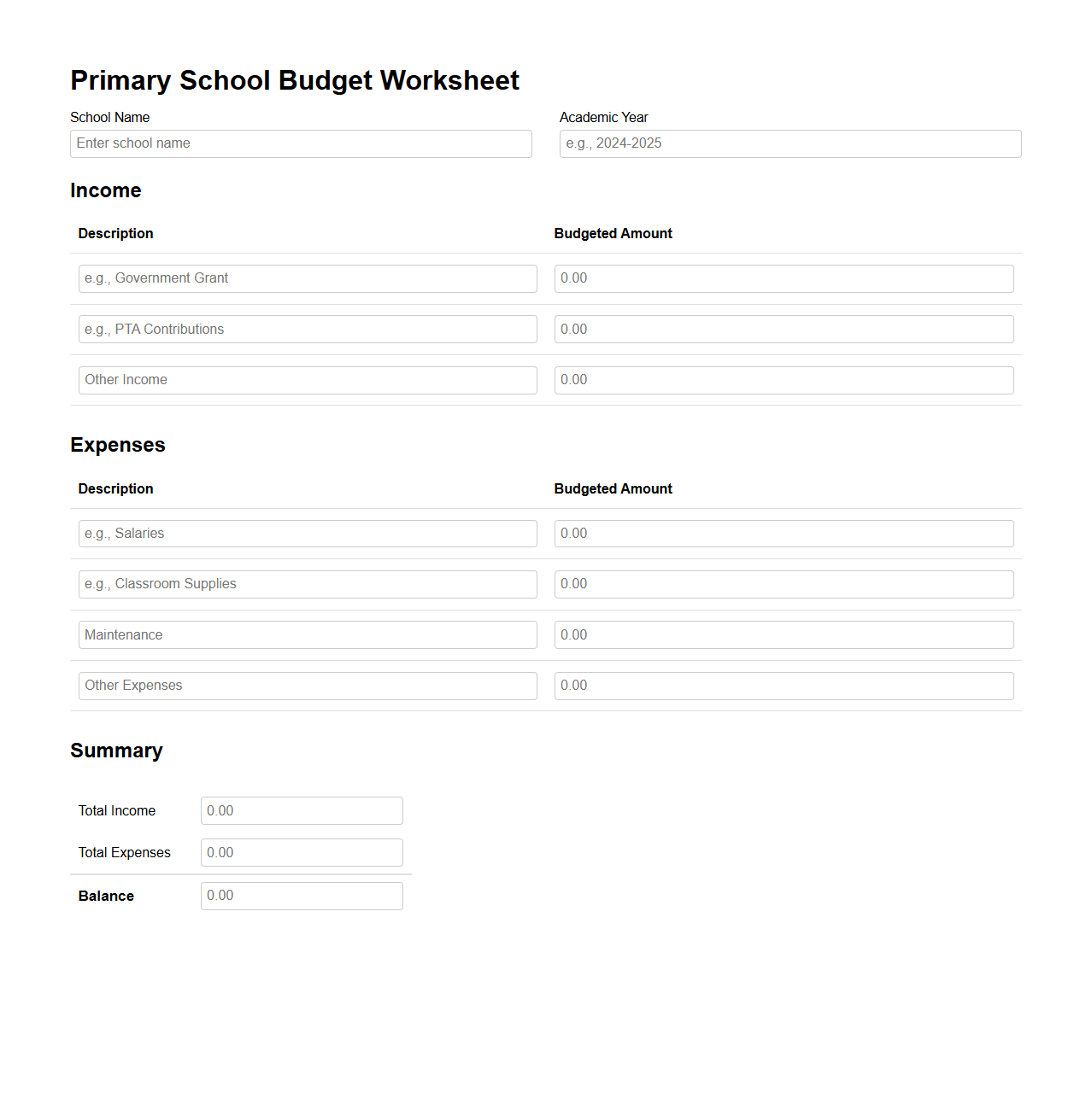 Primary School Budget Worksheet