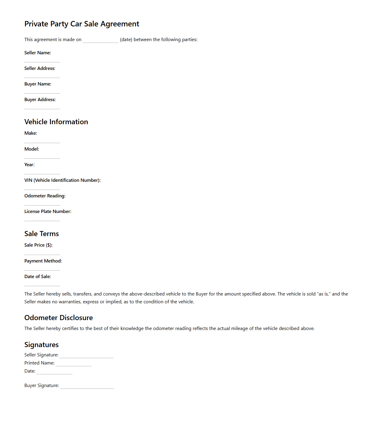Private Party Car Sale Agreement