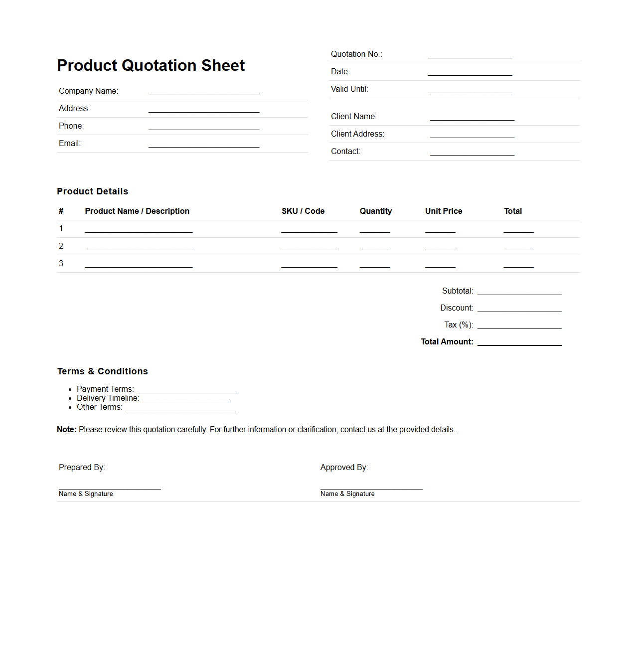 Product Quotation Sheet Template