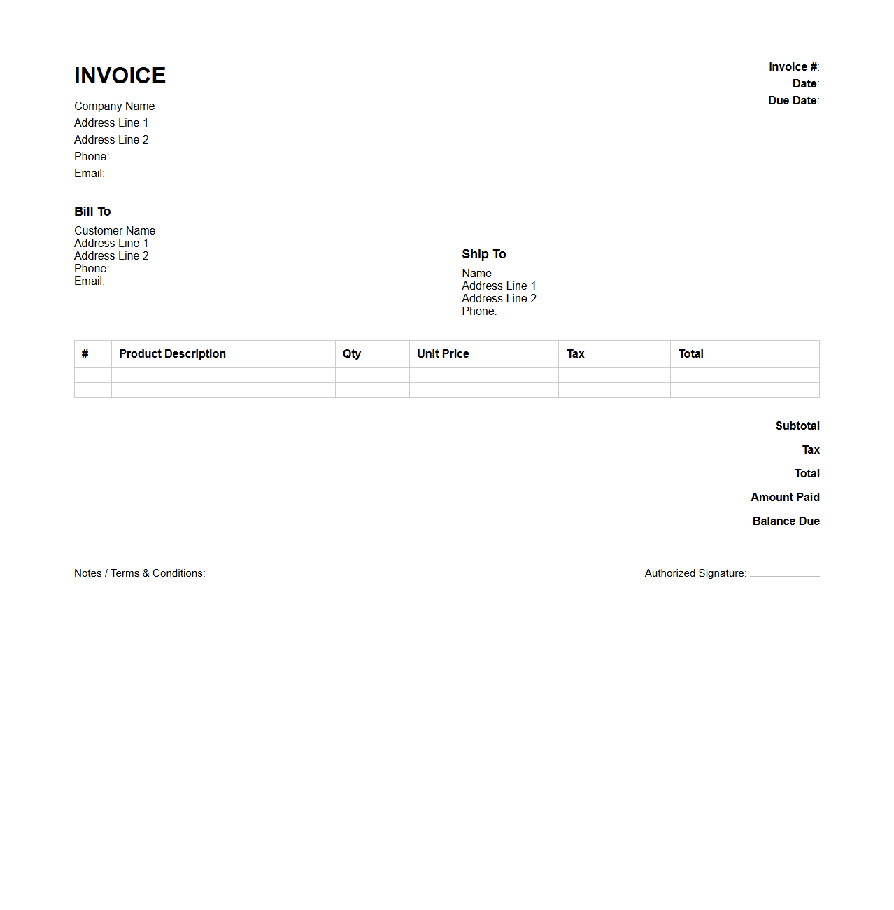 Product Sale Billing Invoice Blank Design