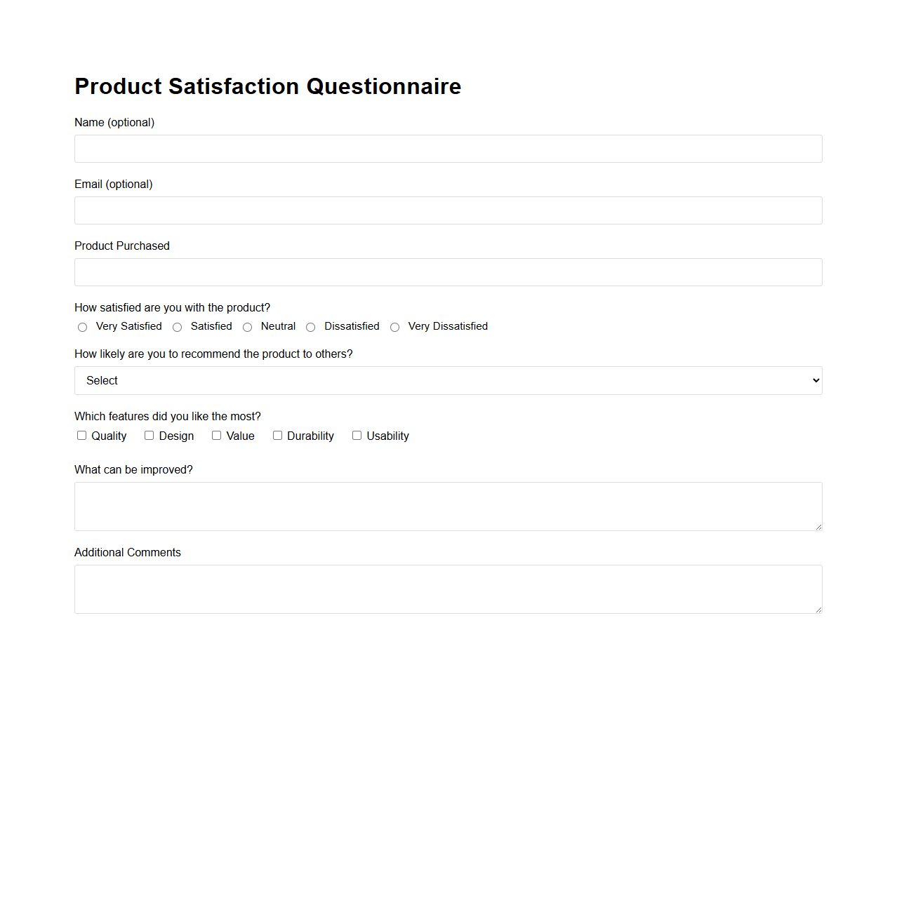 Product Satisfaction Questionnaire Template