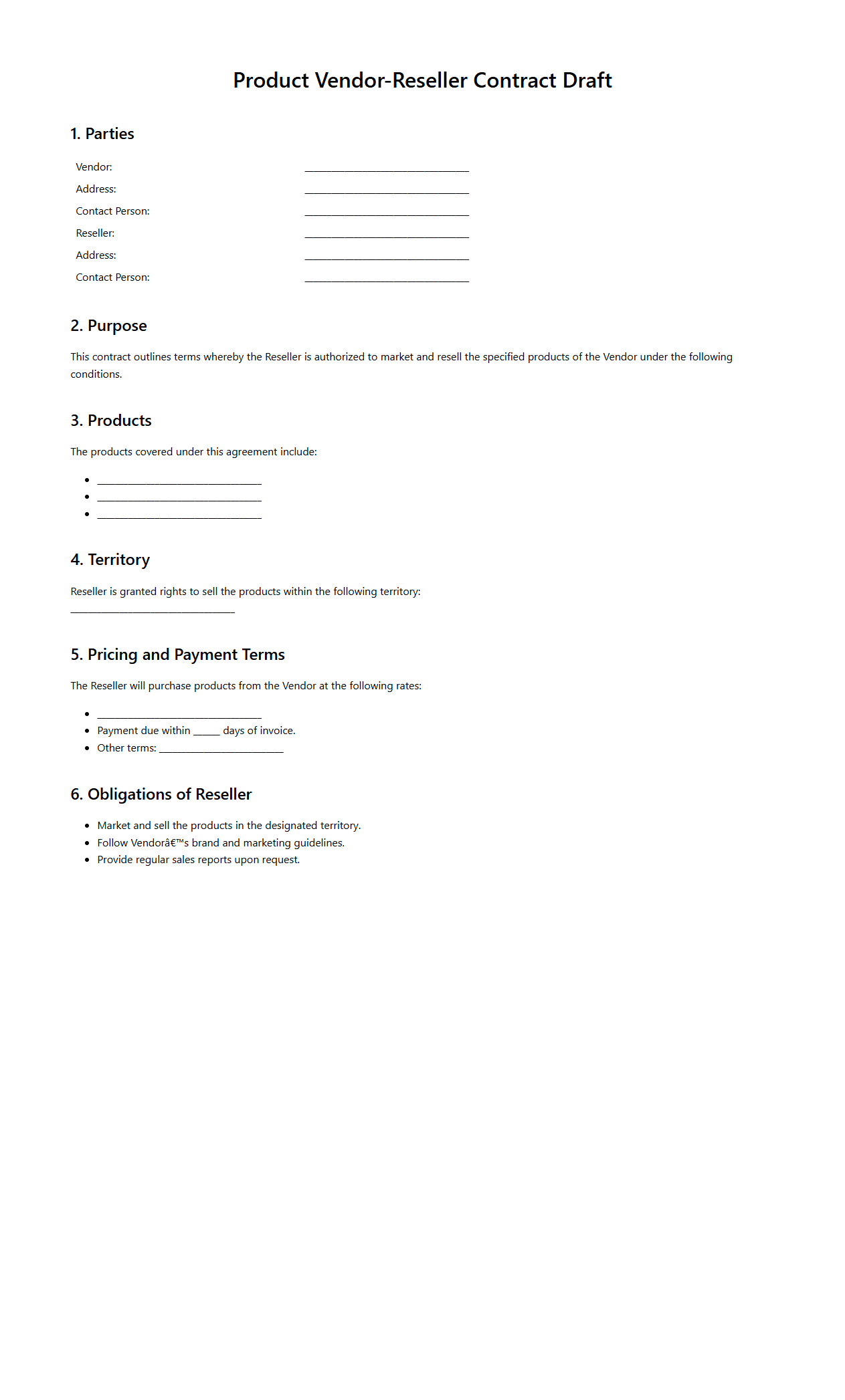 Product Vendor-Reseller Contract Draft