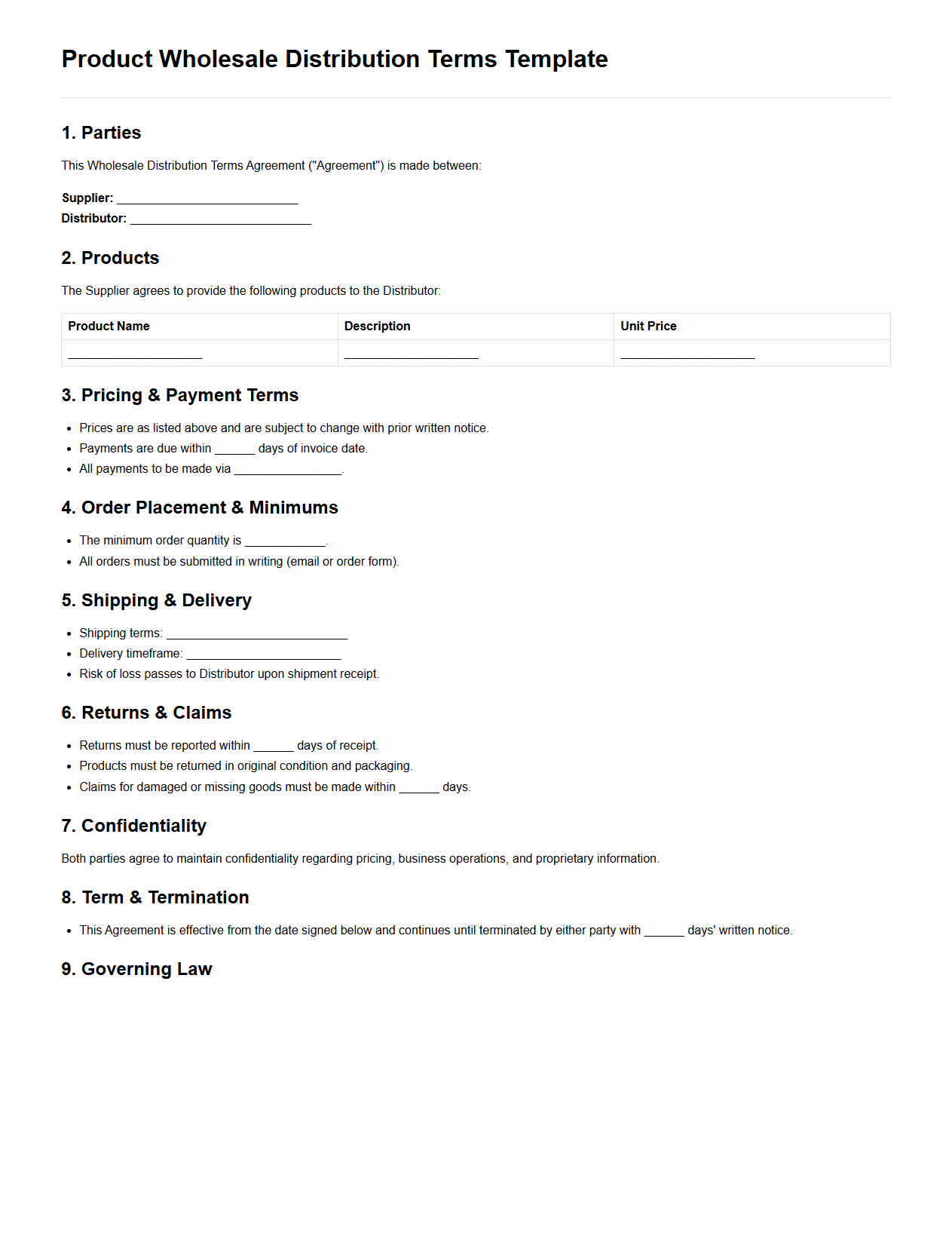 Product Wholesale Distribution Terms Template