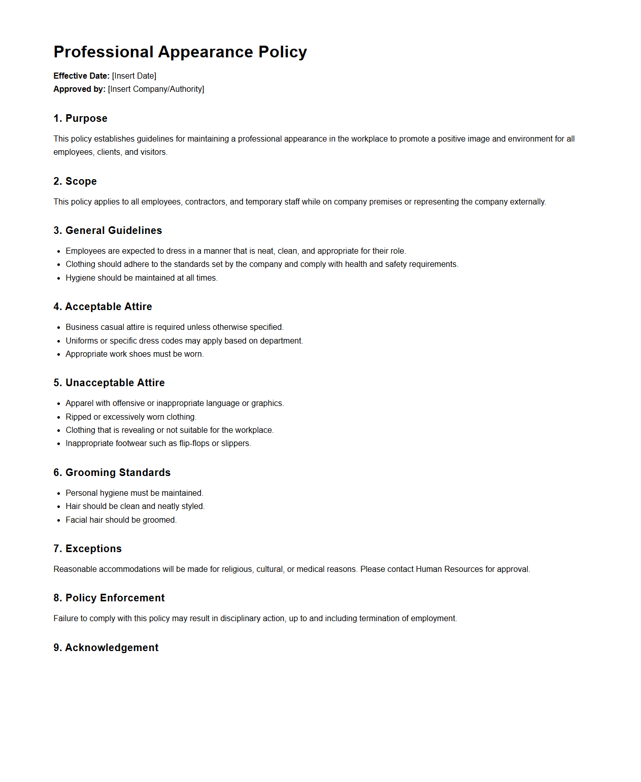 Professional Appearance Policy Template
