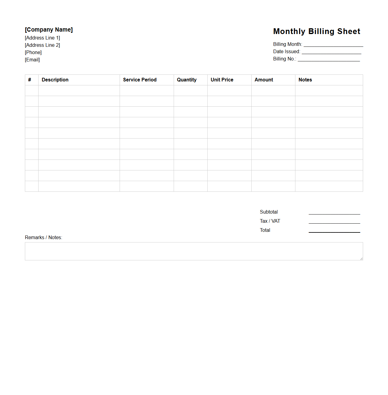 Professional Blank Monthly Billing Sheet
