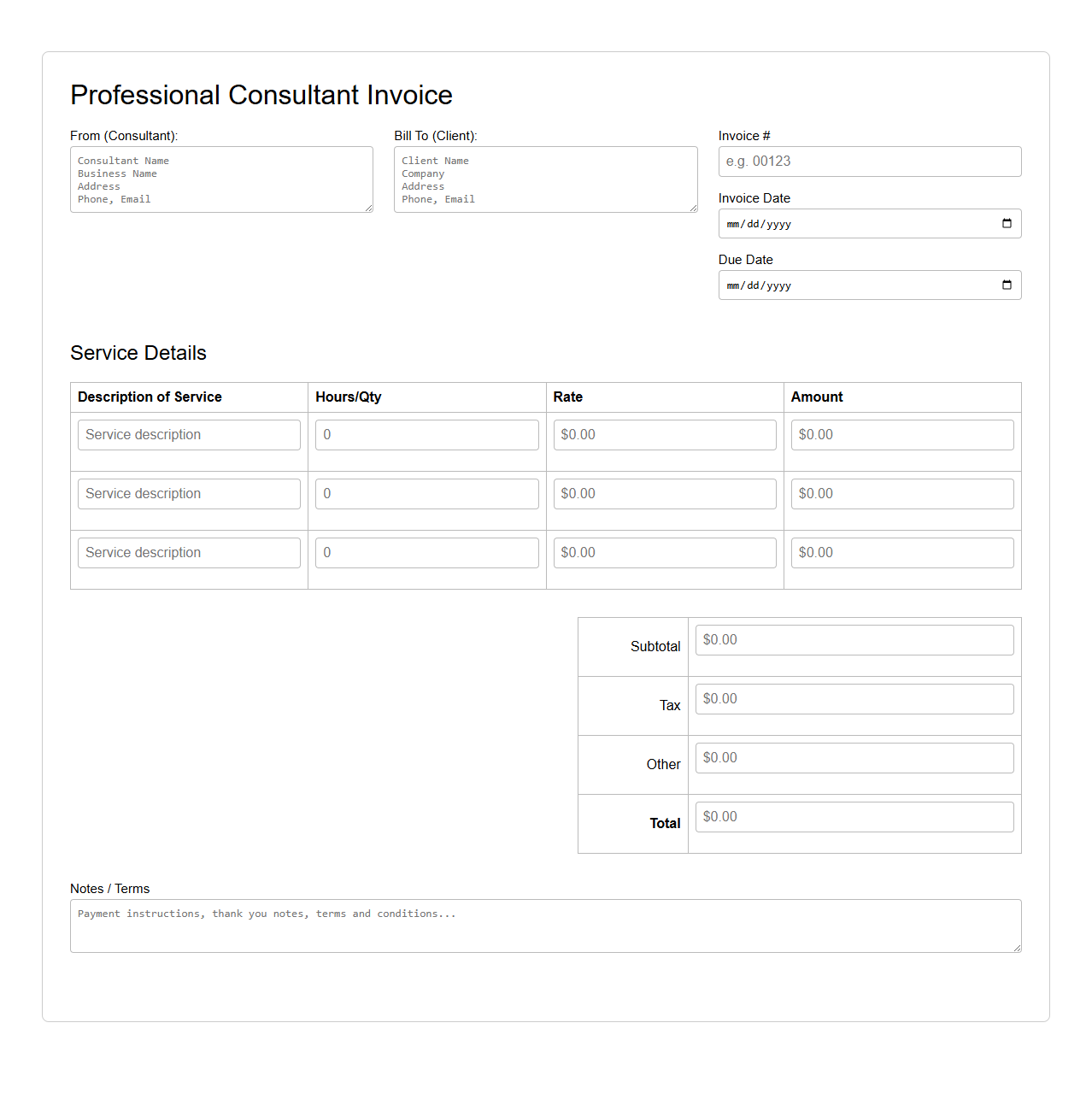 Professional Consultant Invoice Form