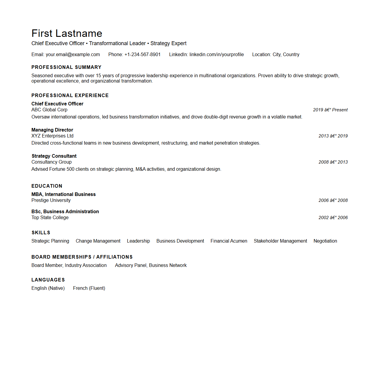 Professional CV Template for Experienced Executives