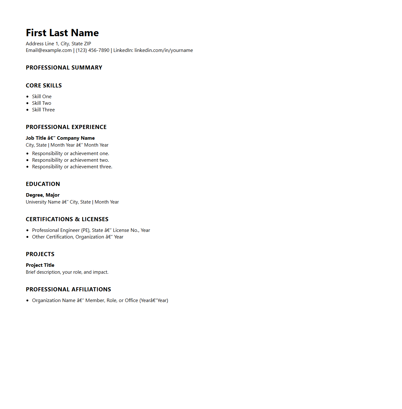 Professional Engineering Resume Outline
