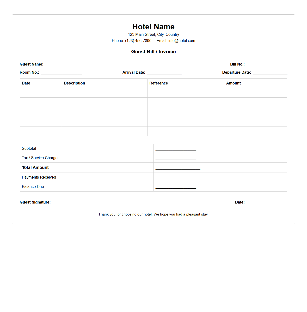 Professional Guest Bill Template for Hotels